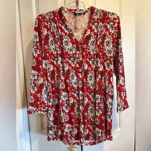 New : IZABEL Long Sleeve, Red, Black & White Floral, V-Neck Blouse / Shirt